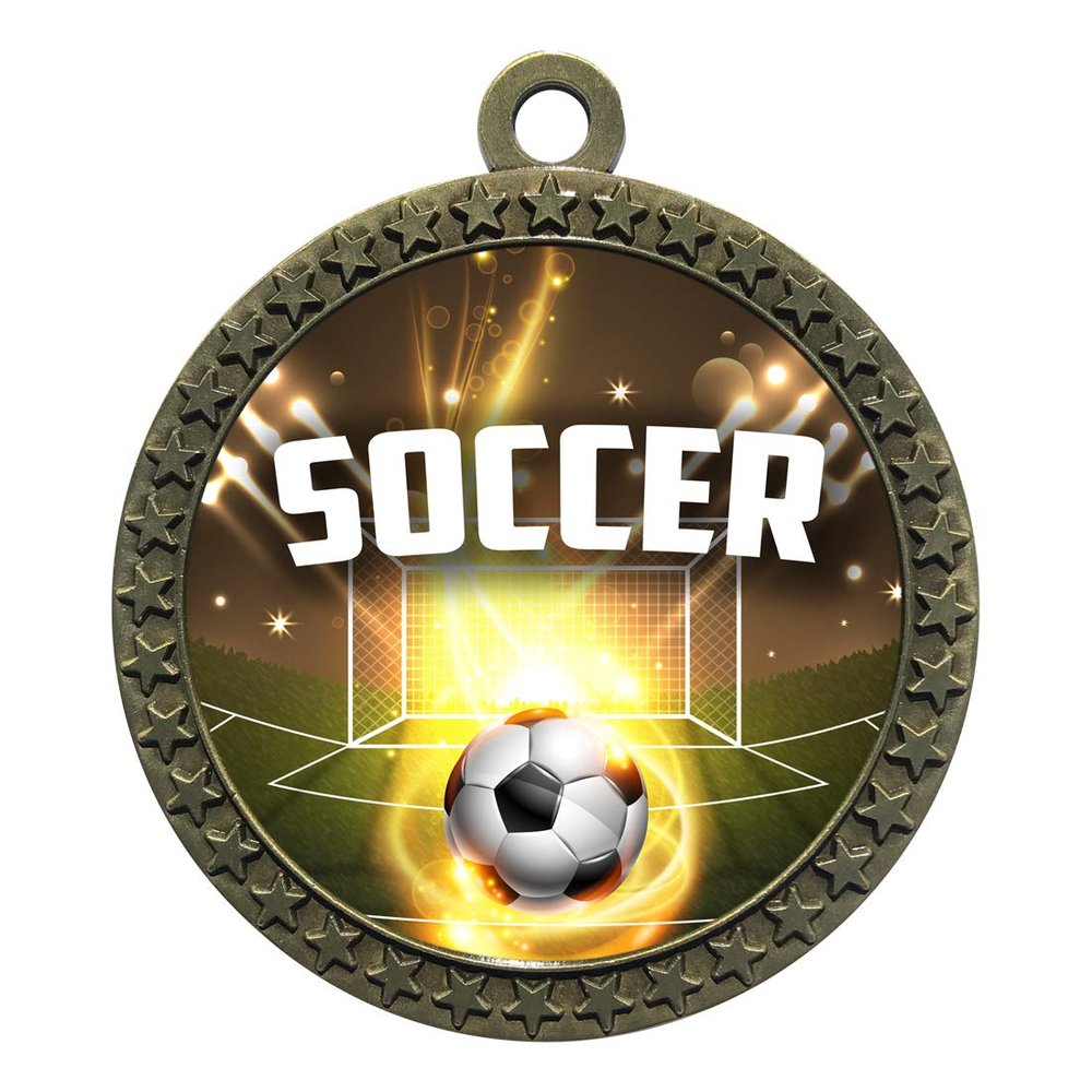 2-1/2 Inch Die-Cast Metal Award Medallion with Antique Gold Finish and Attached 2 Inch Full Color Laminated Sport Insert.