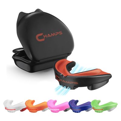 Champs MMA Breathable Mouth Guard for Boxing, MMA, Jiu Jitsu, Muay Thai, Wrestling & Combat Sports  Easy Fit, Boil & Bite Design Mouthpiece  Durable Boxing Mouthguard for Men & Adults, Case Included