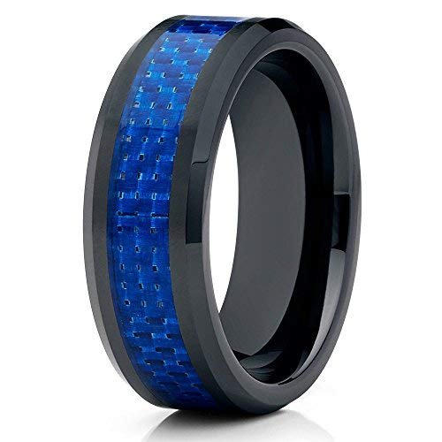 Silly Kings Jewelry Ceramic Wedding Band Blue Ceramic Ring 8mm Blue Carbon Fiber Inlay Beveled Black Ring (6.5)