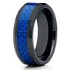 Silly Kings Jewelry Ceramic Wedding Band Blue Ceramic Ring 8mm Blue Carbon Fiber Inlay Beveled Black Ring (6.5) view 1
