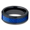 Silly Kings Jewelry Ceramic Wedding Band Blue Ceramic Ring 8mm Blue Carbon Fiber Inlay Beveled Black Ring (6.5) view 2