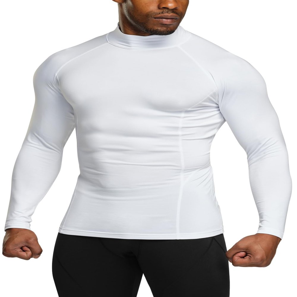 TSLA Men's Thermal Long Sleeve Compression Shirts, Mock/Turtleneck Winter Sports Running Base Layer Top, Heatlock Mock Neck White, Small