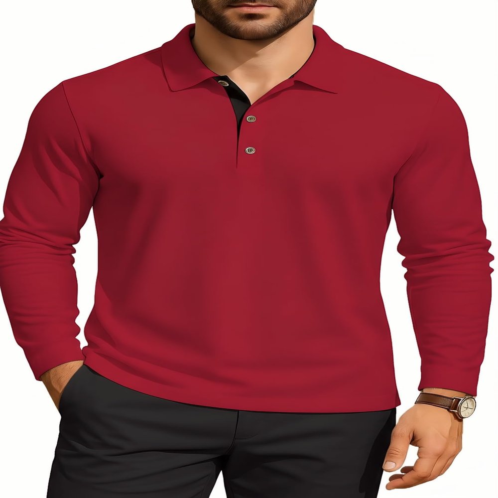 KUYIGO Mens Slim-Fit Long Sleeve Polo Shirts Casual Basic Designed Cotton Tops XX-Large Red