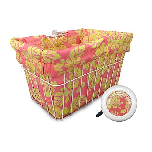 Cruiser Candy Bicycle Basket Liner & Tote in One, Stylish Bike Basket Liner, Yoga Bag,Gym Bag,Beach Bag. Matching Bicycle Bell Included, Bike Bell (Pink Yellow Hibiscus)