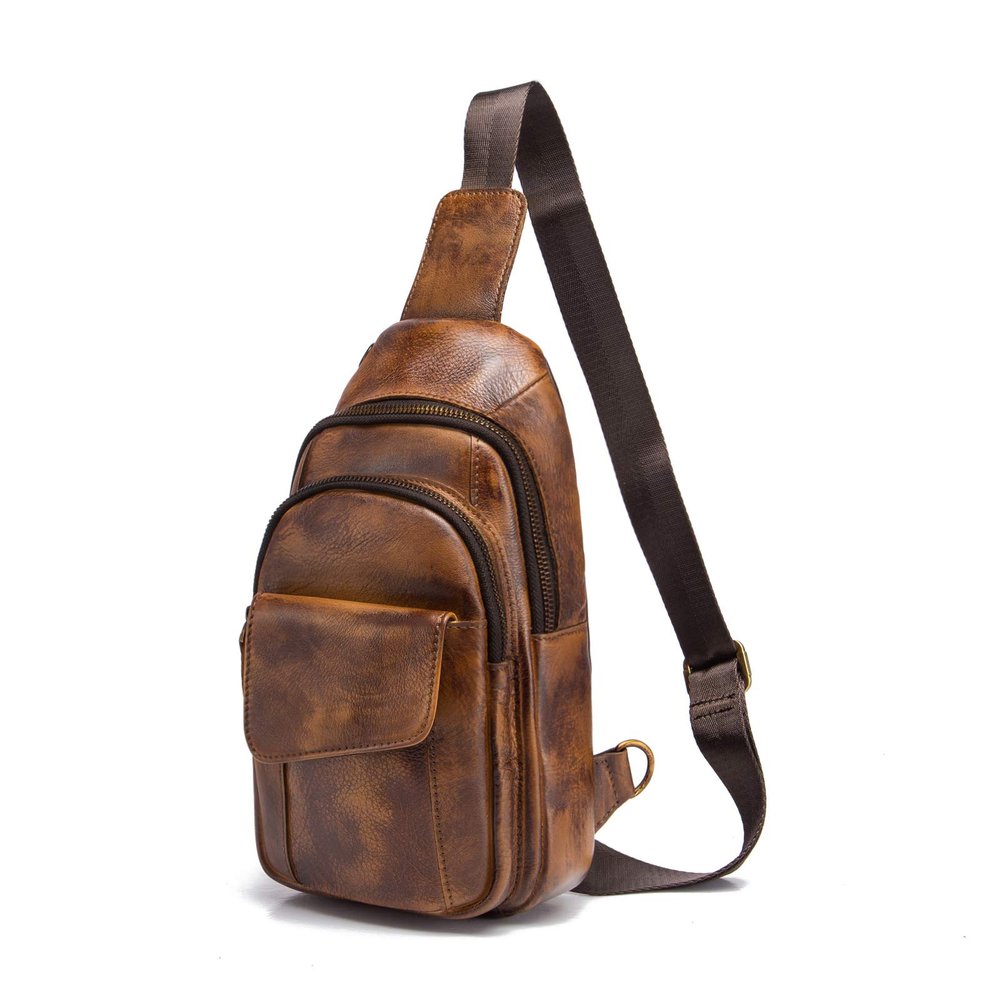 Le'aokuu Men Outdoor Casual Travel Hiking Tea Crossbody Chest Sling Bag Rig One Shoulder Strap Bag Backpack Men Leather (E 8013 Gold)