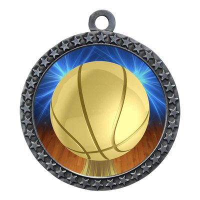 2-1/2 Inch Die-Cast Metal Award Medallion with Antique Silver Finish and Attached 2 Inch Full Color Laminated Sport Insert.