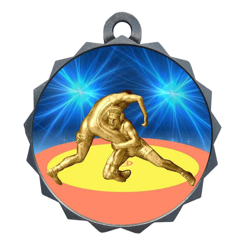 2-1/4 Inch Die-Cast Metal Award Medallion with Antique Silver Finish and Attached 2 Inch Full Color Laminated Sport Insert.