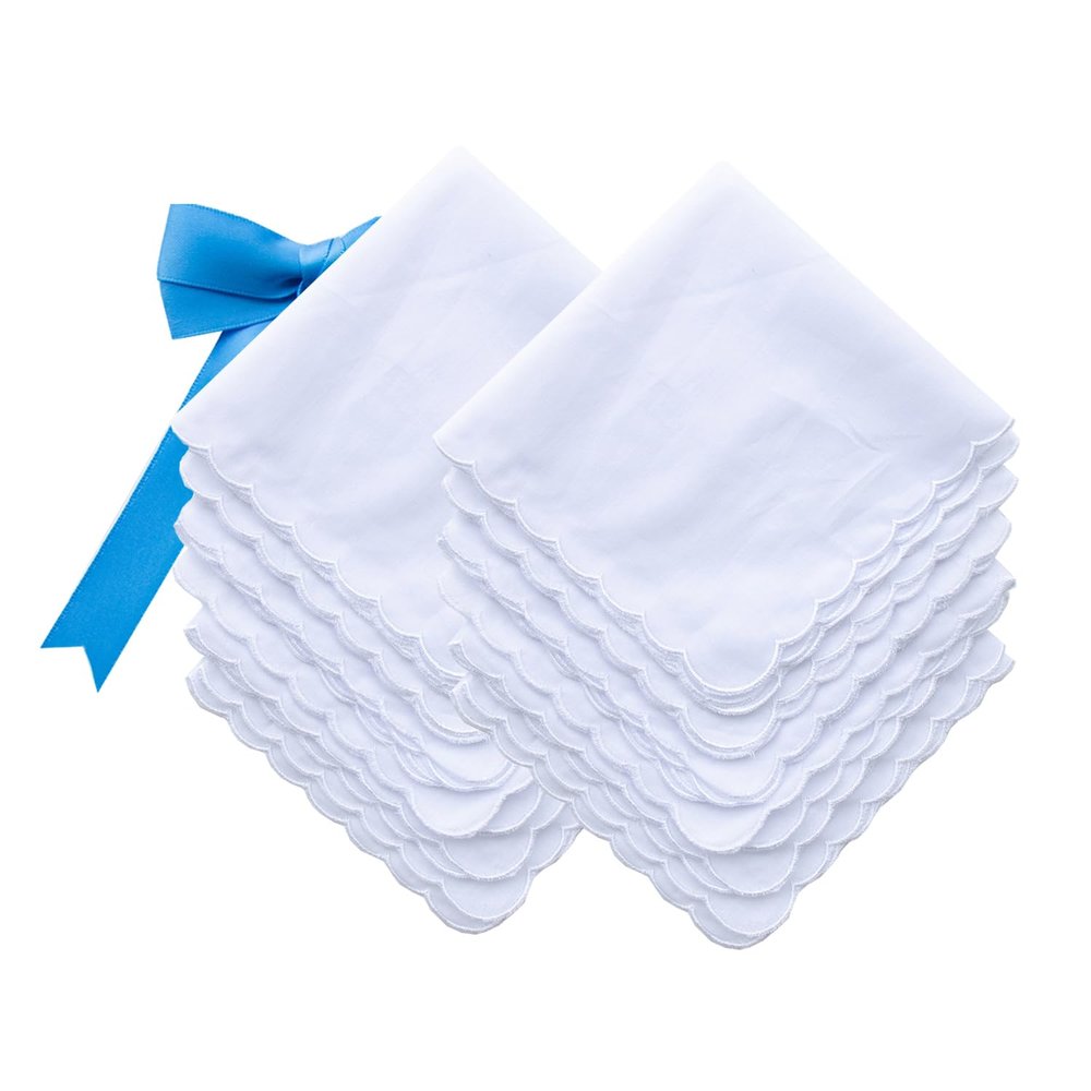 CoCoUSM White Handkerchiefs Premium 60s Cotton scalloped Hankies 11 Inches
