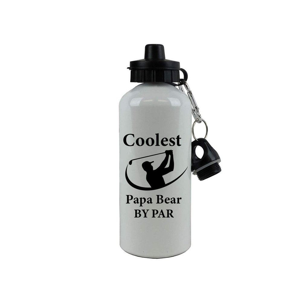 CustomGiftsNow Coolest Papa Bear by Par - Golfing Aluminum 20 Ounce Summer White Golf Sport Water Bottle, 2 Lids