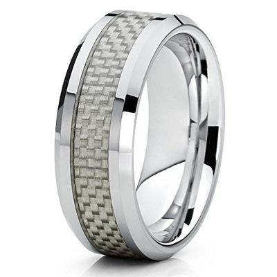 8mm Polished Silver Tungsten Carbide Wedding Ring Beveled Edges Carbon Fiber Center Gray Band 10 (8.5)