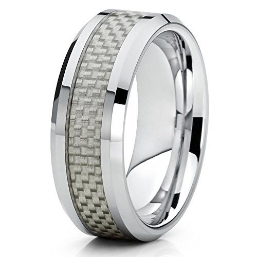 8mm Polished Silver Tungsten Carbide Wedding Ring Beveled Edges Carbon Fiber Center Gray Band 10 (8.5)