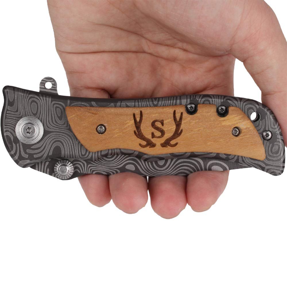 Fanfoobi Laser Engraved Pocket Knife with monogrammed S(from Alphabet 26 A-Z), Anniversary Present for Men, Birthday Present for Men, Boyfriend, Husband Birthday, Fathers Day