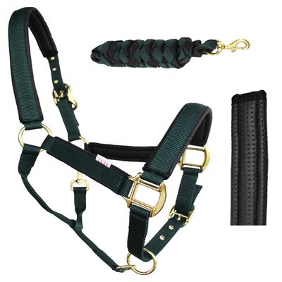 CHALLENGER Nylon Horse Neoprene Padded Hunter Green Adjustable Halter Brass 606173HG