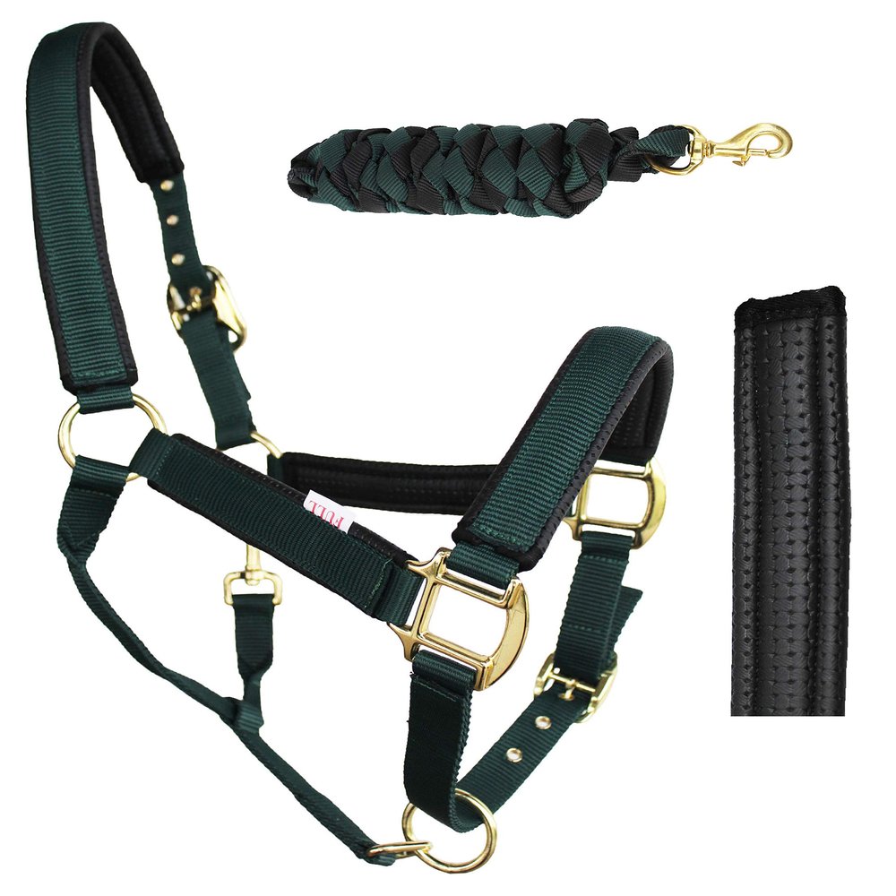 CHALLENGER Nylon Horse Neoprene Padded Hunter Green Adjustable Halter Brass 606173HG