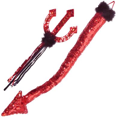 Red & Black Polyester Pitchfork and Tail Kit (21") - 2-Pack - Perfect for Halloween and Costume Parties