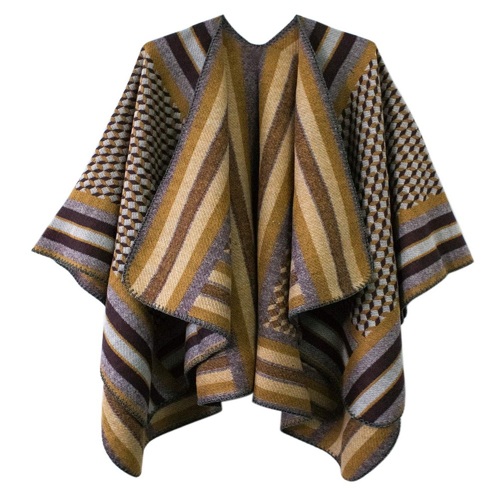 Women's Vintage Pattern Open Front Poncho Cape Shawl Winter Shawl Wraps (Series 11-Camel)