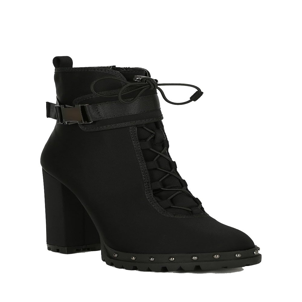 PAZZLE Stylish 18 Womens Waterproof Chunky Heel Platform Drawstring Lug Sole Snow Boots (7.5, Black)