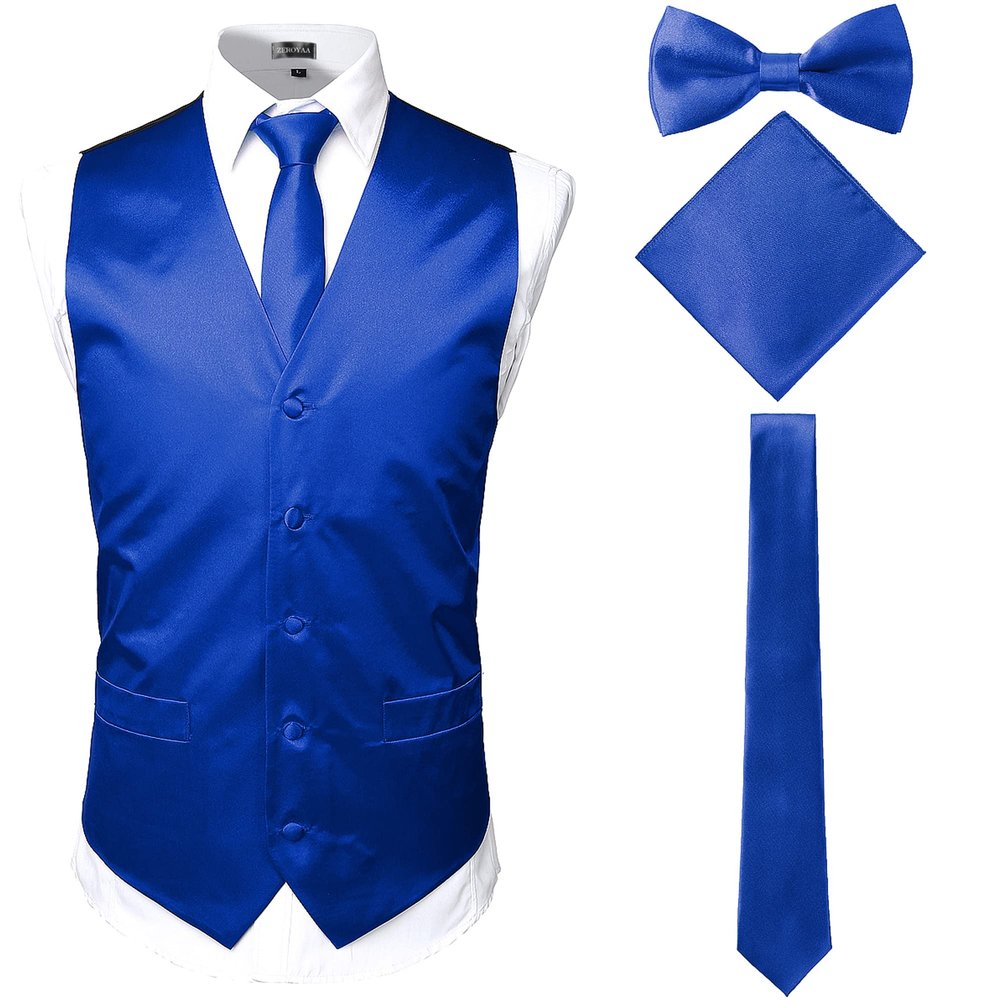 ZEROYAA Men's Solid 4pc Shiny Satin Vest Necktie Bowtie Pocket Square Set for Suit or Tuxedo ZLSV12 Royal X-Large
