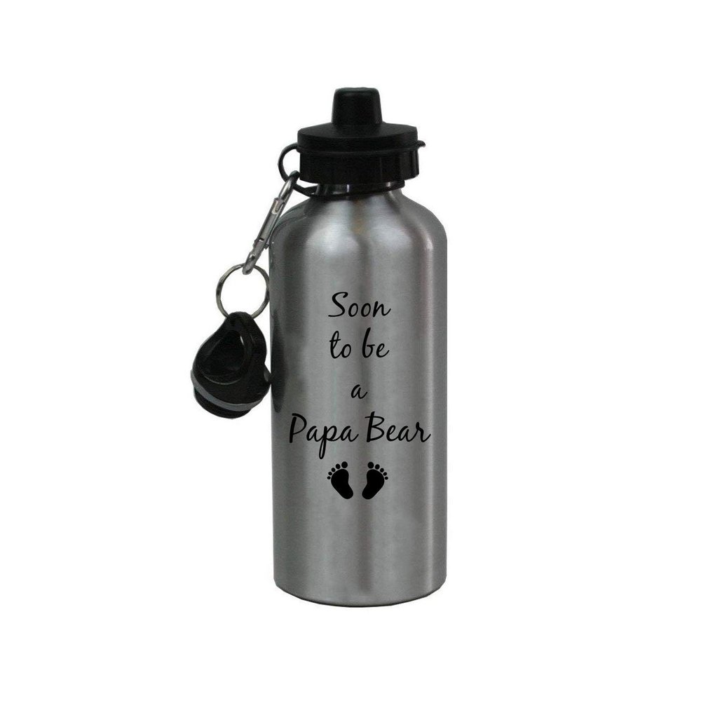 CustomGiftsNow Soon to be a Papa Bear - Aluminum 20 Ounce Summer Silver Sport Water Bottle, 2 Lids