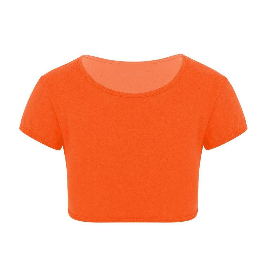 Loxdonz Girls Basic Dance Crop Top Kids Plain Short Sleeve Crop T-Shirt Tees Top Velma Costume (13 Years, Neon Orange)