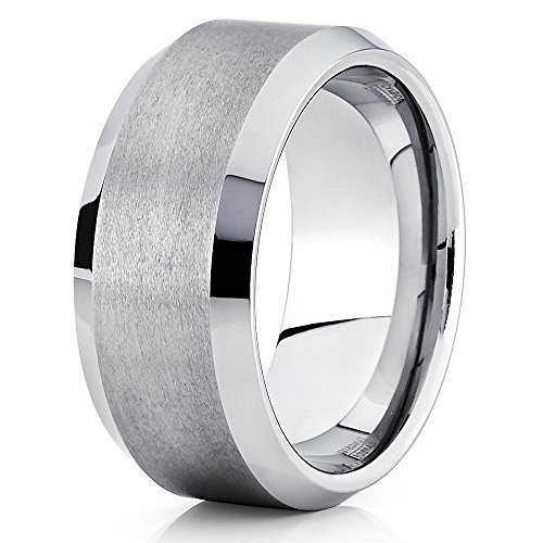 10mm Tungsten Wedding Band Silver Tungsten Ring Tungsten Carbide Band Brushed (10.5)