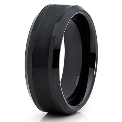 Silly Kings Jewelry 8mm Black Tungsten Carbide Ring Brushed Center Beveled Edge Band (6) (11)