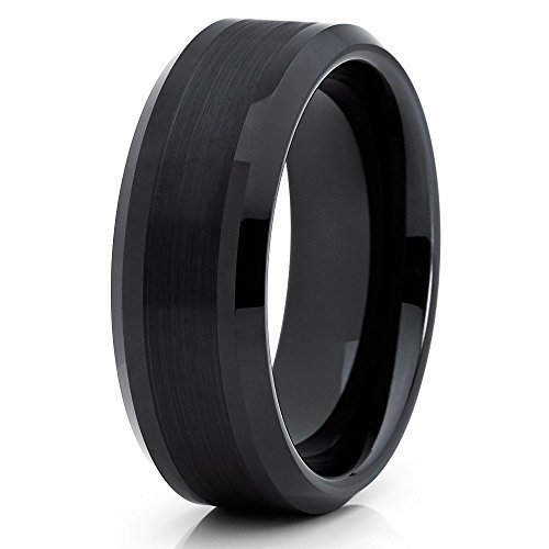 Silly Kings Jewelry 8mm Black Tungsten Carbide Ring Brushed Center Beveled Edge Band (6) (11)
