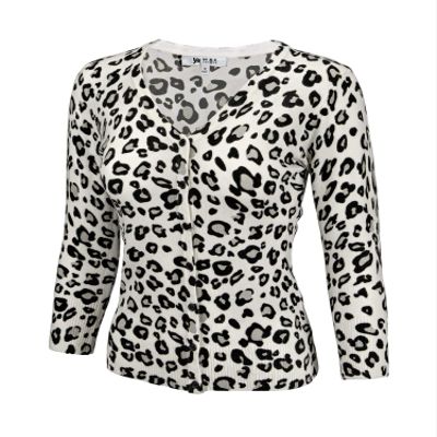 YEMAK Women's Knit Cardigan Sweater 3/4 Sleeve V-Neck Basic Classic Casual Button Down Soft Lightweight Knitted Top CO078LEO-IVR/GRY-S
