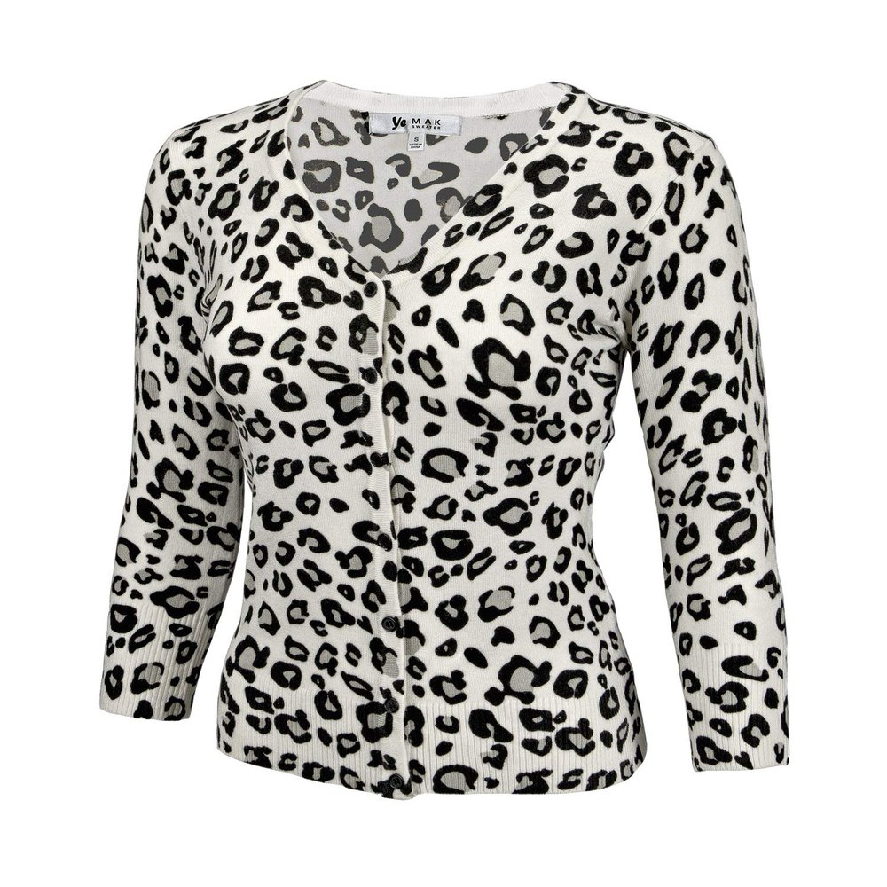 YEMAK Women's Knit Cardigan Sweater  3/4 Sleeve V-Neck Basic Classic Casual Button Down Soft Lightweight Knitted Top CO078LEO-IVR/GRY-S