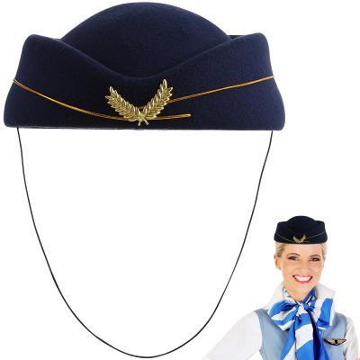 Amosfun Women Stewardess Cap Blue Stewardess Hat Woolen Flight Attendant Hat for Halloween Performance Cosplay Costume