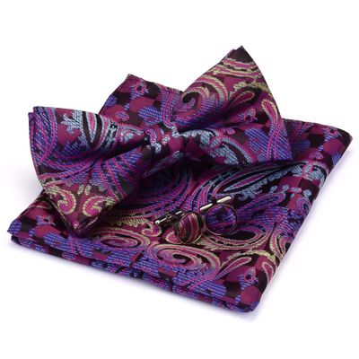 GUSLESON Pre-tied Men's Bow Ties Purple Paisley Bow Tie and Pocket Square With Cufflinks Set(0581-06)