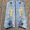 1911 Grips SAN Judas ST. Jude Full Size Grips Government Ambi Cut Nickel/Gold view 1