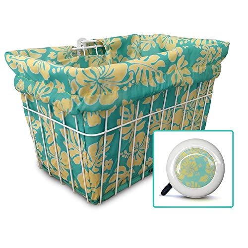 Cruiser Candy Bicycle Basket Liner & Tote in One, Stylish Bike Basket Liner, Yoga Bag,Gym Bag,Beach Bag. Matching Bicycle Bell Included, Bike Bell (Mint Yellow Hibiscus)