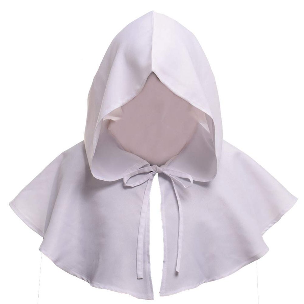 Medieval Cowl Hat Cross Necklace Wicca Pagan Hood Cosplay Accessory (White)