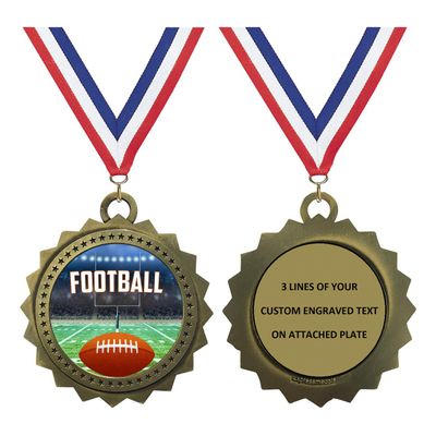 Custom Engraved 3 inch Metal Football Award Medals with Gold Finish and Attached 2 Inch Full Color Sport Insert. EG120 (Pack of 1)
