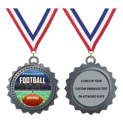 Custom Engraved 3 inch Metal Football Award Medals with Silver Finish and Attached 2 Inch Full Color Sport Insert. EG120 (Pack of 1)