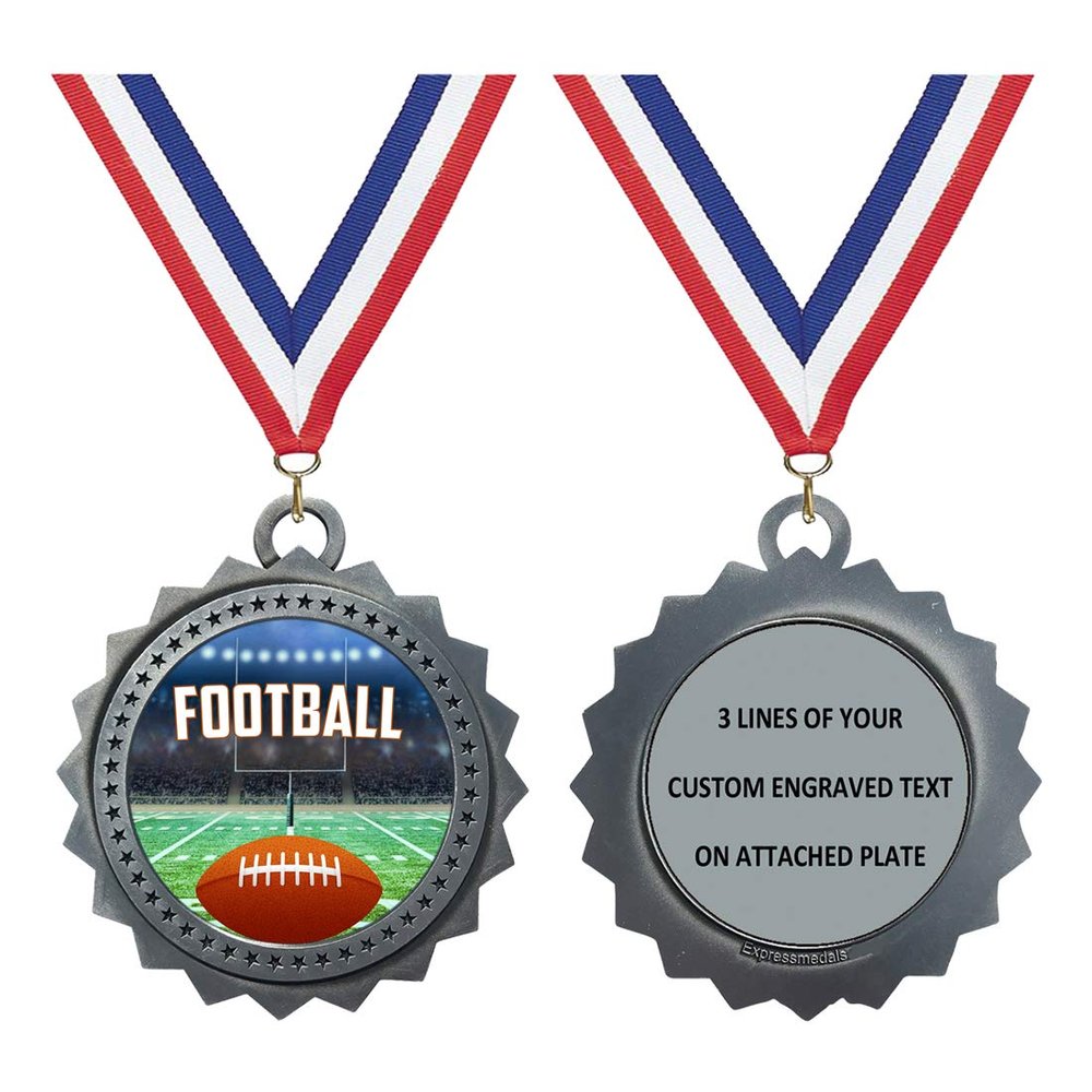 Custom Engraved 3 inch Metal Football Award Medals with Silver Finish and Attached 2 Inch Full Color Sport Insert. EG120 (Pack of 1)