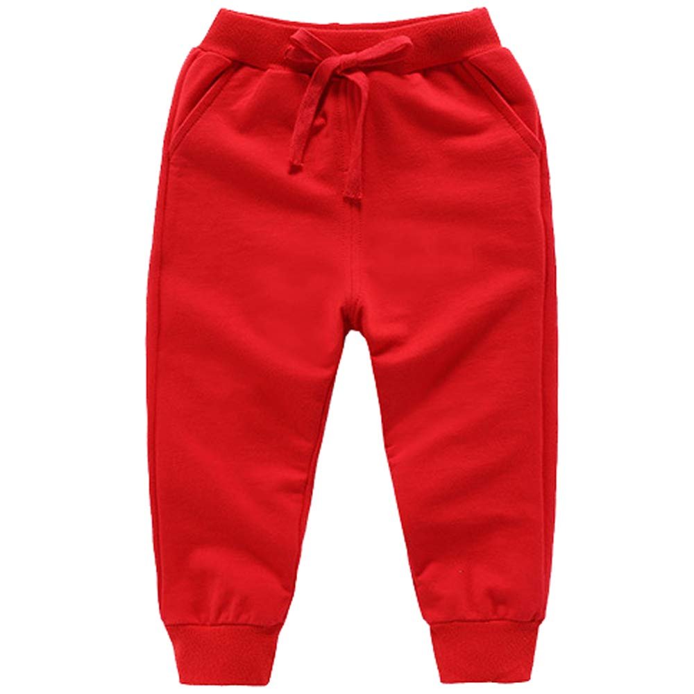 Ding-dong Baby Toddler Kid Boy Solid Cotton Active Pants Casual Drawstring Jogger Sport Jogger PantsRed,1T
