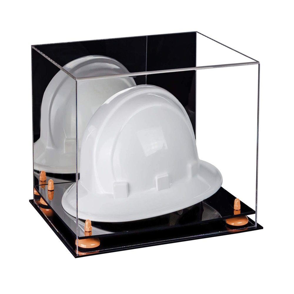 Better Display Cases Acrylic Large Helmet - Hard Hat Display Case with Mirror Case, Orange Risers and Black Base 15.25" x 12" x 9" (A082/V13)