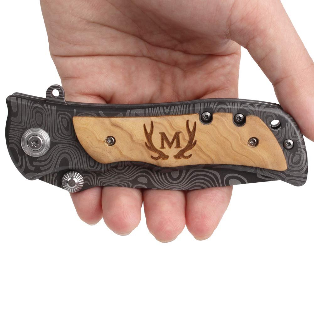 Fanfoobi Laser Engraved Pocket Knife with monogrammed M(from Alphabet 26 A-Z), Birthday Present for Men, Present for Boyfriend, Husband Anniversary Present