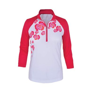 Monterey Club Women's Wild Roses Stamp Contrast 3/4 Sleeve Top #2386 (Red/White, Large)