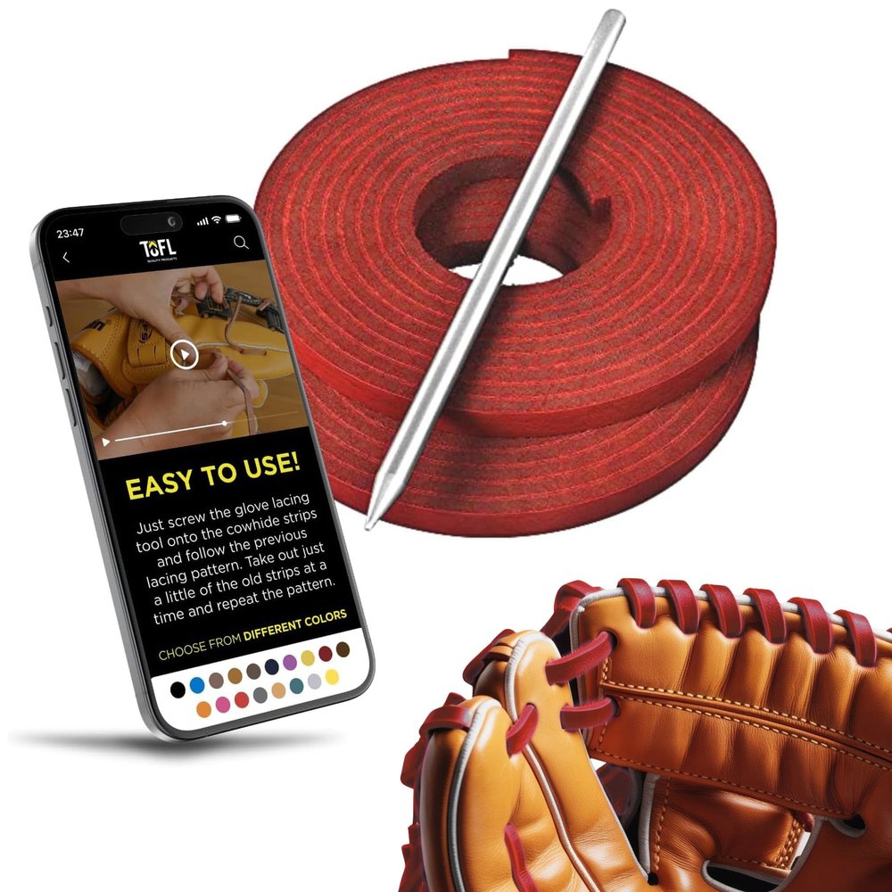 TOFL Softball and Baseball Glove Red Lace Kit | 2 Leather Laces with Lacing Needle for Baseball Gloves