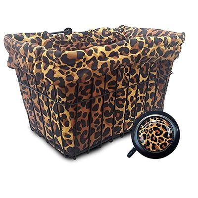 Cruiser Candy Bicycle Basket Liner & Tote in One, Stylish Beach Cruiser Basket Cover, Fits Front Wicker or Wire Bike Baskets UP to 15x12x10 Matching Bicycle Bell Included, Bike Bell (Leopard)