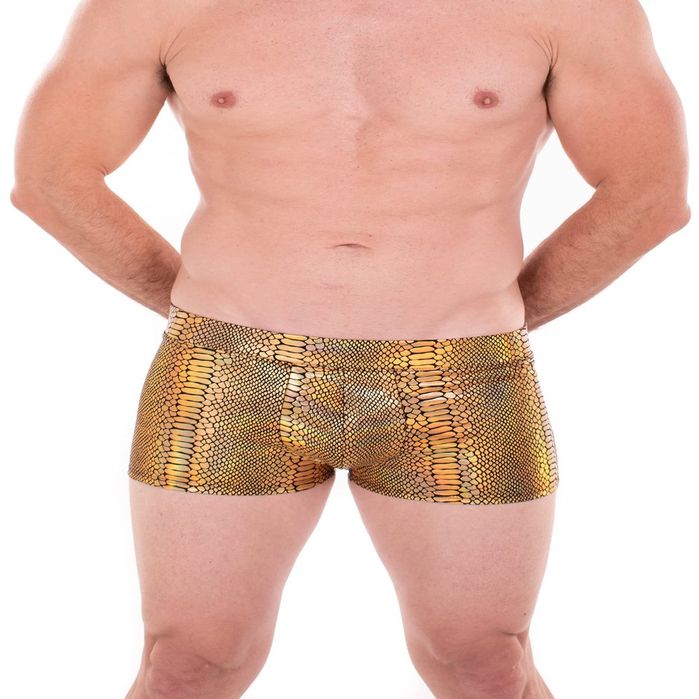 Revolver Fashion / Funstigators Festival Clothing: Men's Holographic Brief Booty Shorts With Front Pouch - Made in USA (X-Large, Holo Snake Gold)
