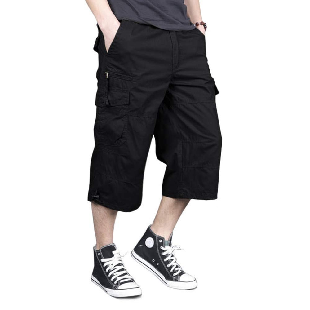 MAGNIVIT Mens Capri Long Twill Elastic Cargo Shorts Below Knee 3/4 Cargo Shorts Cotton Relaxed Fit Casual Multi-Pocket Black 34