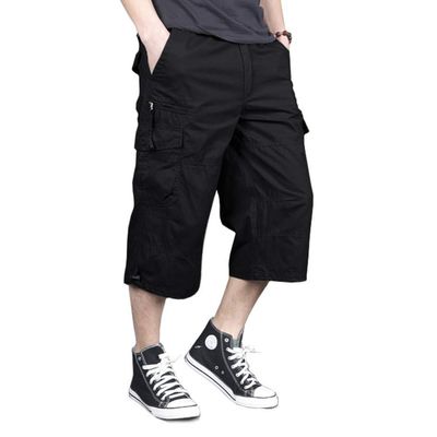 MAGNIVIT Mens Capri Long Twill Elastic Cargo Shorts Below Knee 3/4 Cargo Shorts Cotton Relaxed Fit Casual Multi-Pocket Black 38