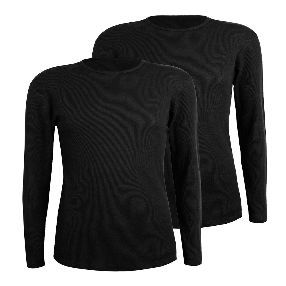 Comfneat Men's 2-Pack Thermal Long Sleeve Undershirt Waffle Knit Soft Comfy Crew Neck Underwear Top (Black 2-Pack, L)