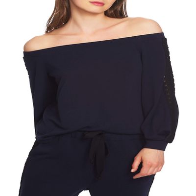 1 STATE Lace-Trim Off-The-Shoulder Top (Blue, M)