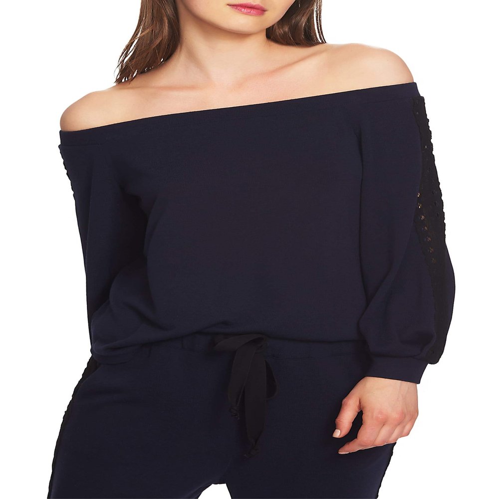 1 STATE Lace-Trim Off-The-Shoulder Top (Blue, M)
