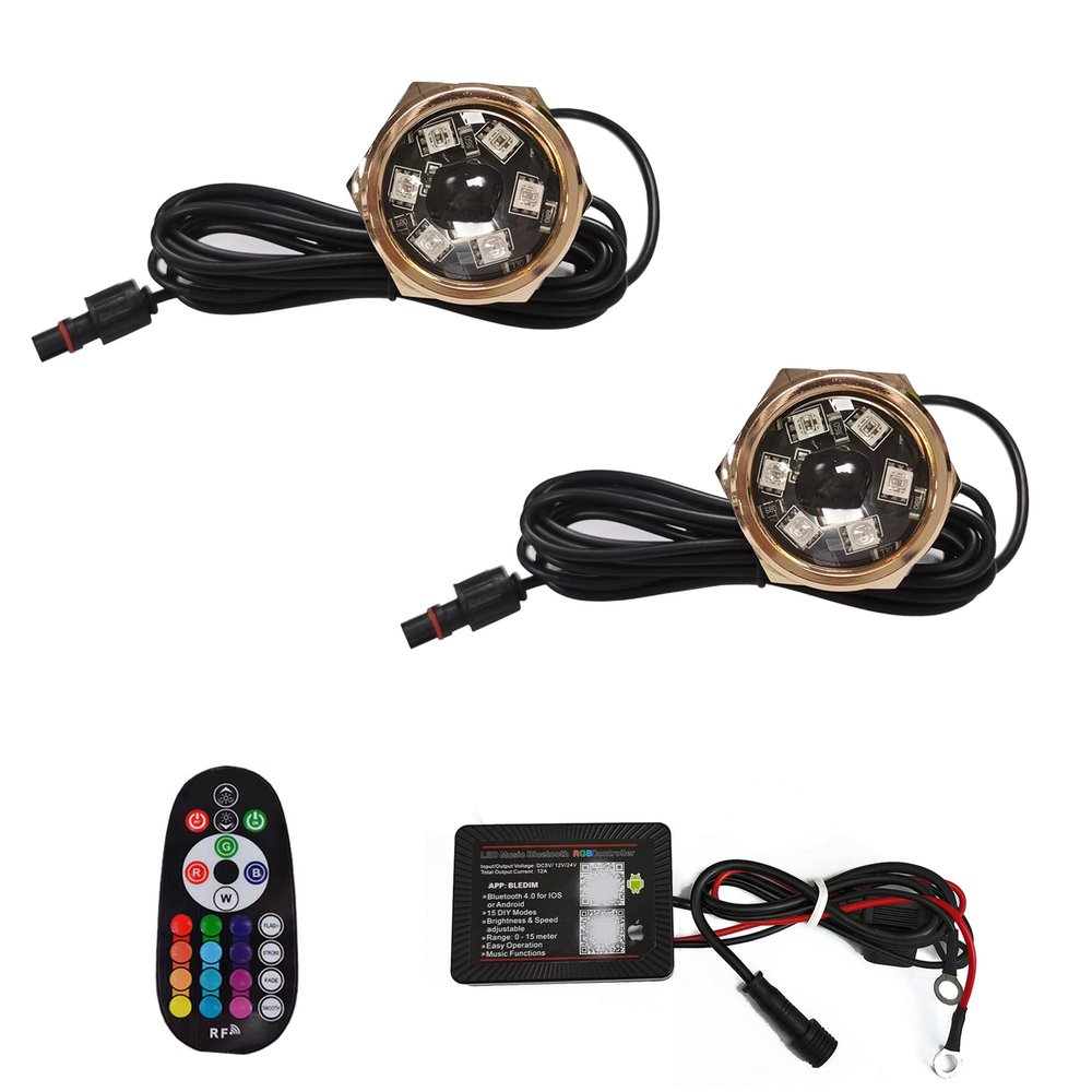 2Pcs RGB 1/2" NPT Boat Drain Plug Lights IP68 Waterproof Multi-color Marine Boat LED Light Underwater Trailer Lights with Wireless RF Remote APP Control